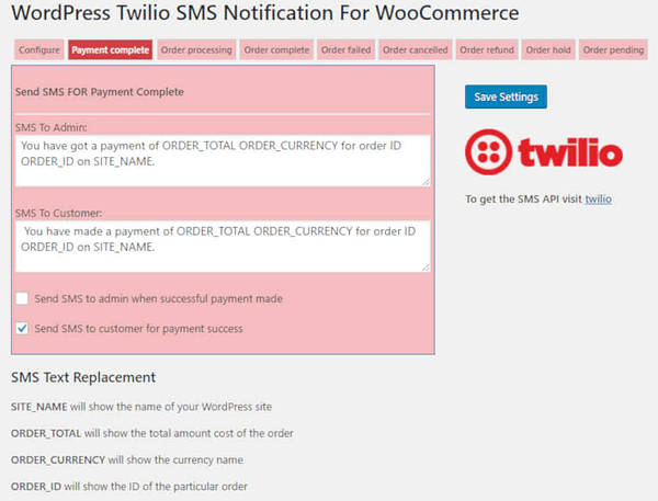 Woocommerce Twilio SMS notifications 05