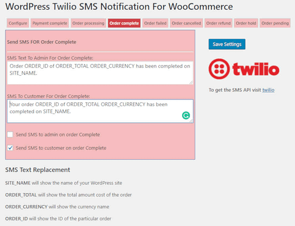 Woocommerce Twilio SMS notifications 03